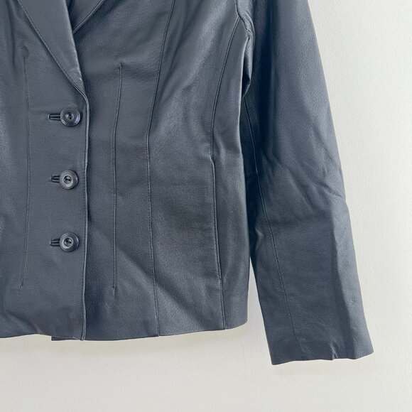 east5th Black Genuine Leather Blazer Jacket Y2K 90s Fitted Petite Small - Picture 3 of 12